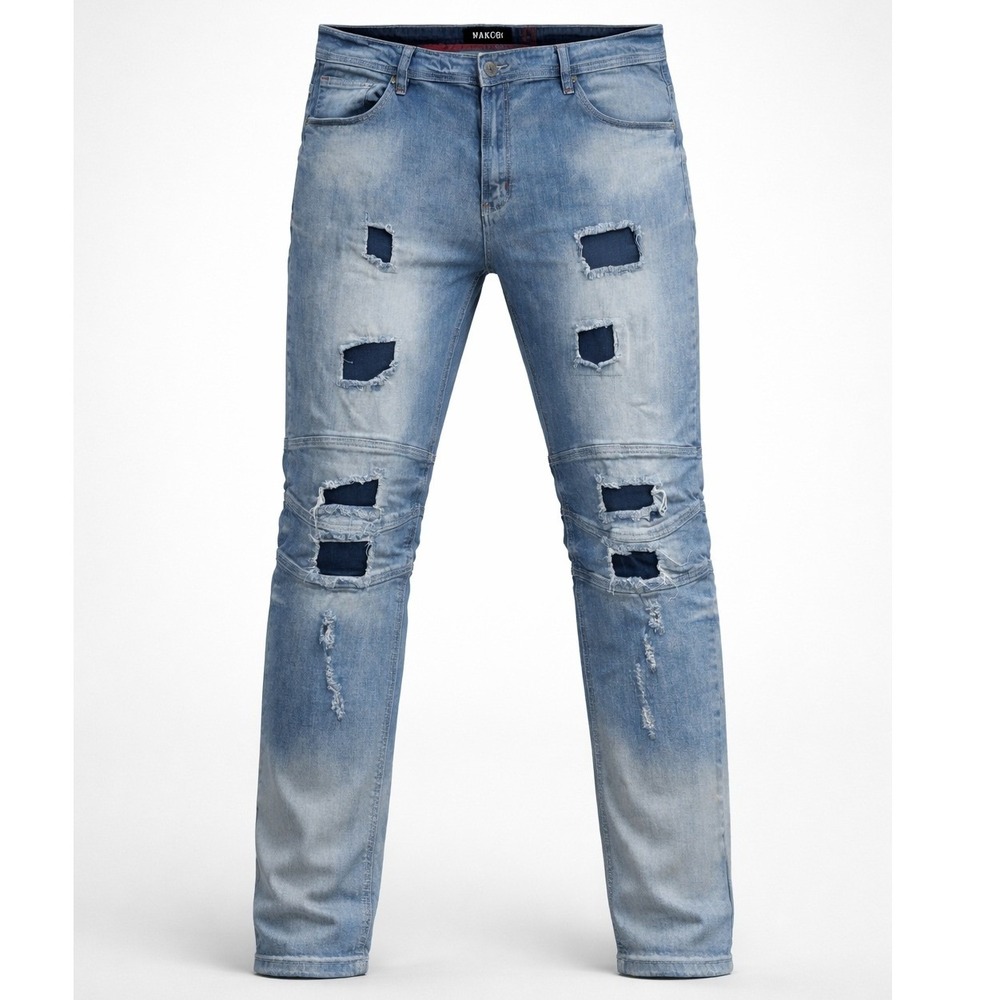 Makobi Biker Jeans Men 42x32 Light Blue Distressed‎ Moto Ribbed Denim M1755